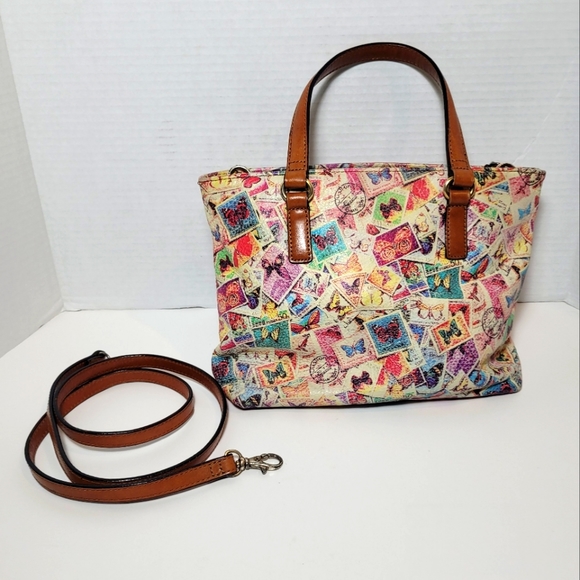 Butterfly Stamps Pattern Fossil Crossbody Handbag Purse Excellent - Picture 1 of 16